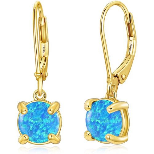 14K Gold Opal Round Lever-back Earrings for Women