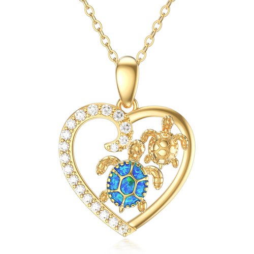 14K Gold Heart Cubic Zirconia & Opal Sea Turtle Pendant Necklace For Women