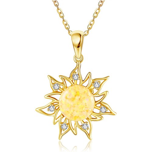 14K Gold Opal Sun Pendant With Cubic Zirconia Necklace