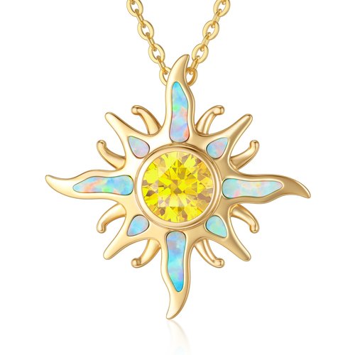 14K Gold Cubic Zirconia & Opal Sun Pendant Necklace