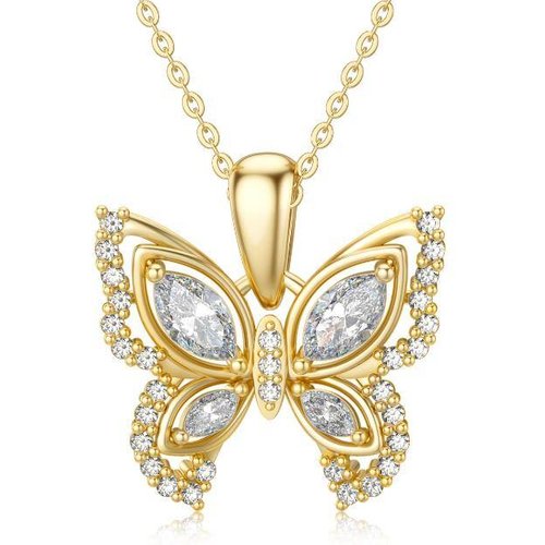 14K Gold Oval Shaped Cubic Zirconia Butterfly Pendant Necklace