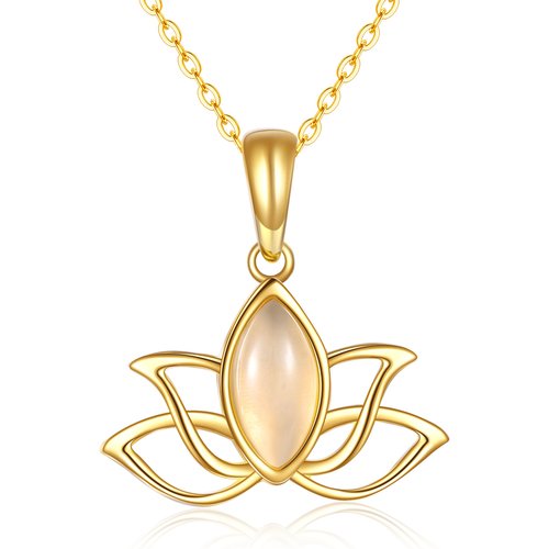 14K Gold Oval Shaped Jade Lotus Pendant Necklace