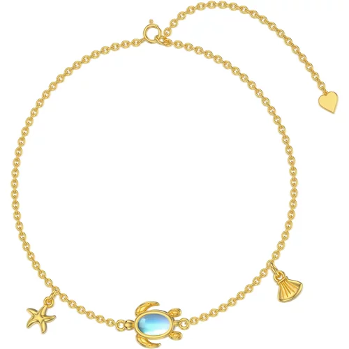 14K Gold Oval Shaped Moonstone Turtle Charm Bracelet