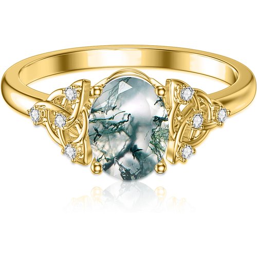 14K Gold Oval Shaped Moss Agate Personalized Engraving & Celtic Knot Ring