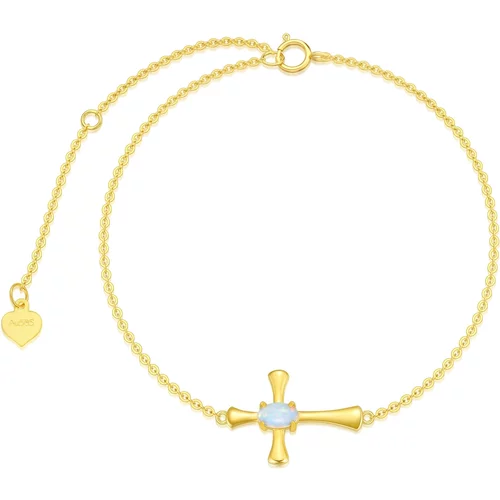 14K Gold Oval Shaped Opal Cross Charm Bracelet