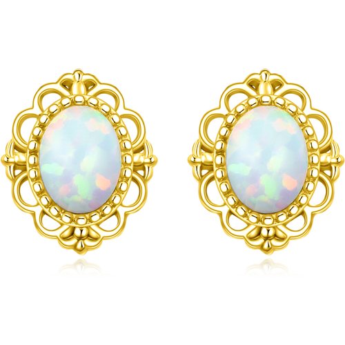 14K Yellow Gold Oval Opal Stud Earrings For Women