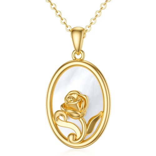 14K Gold Oval Shaped Pearl Rose Pendant Necklace
