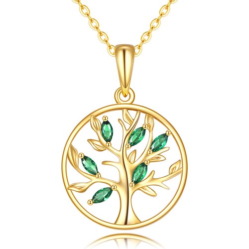 14K Gold Oval Shaped Cubic Zirconia Tree Of Life Pendant Necklace