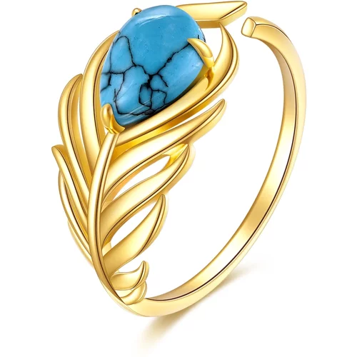 14K Gold Oval Shaped Turquoise Feather Open Ring
