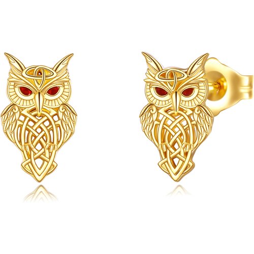 14K Gold Cubic Zirconia Owl & Celtic Knot Stud Earrings