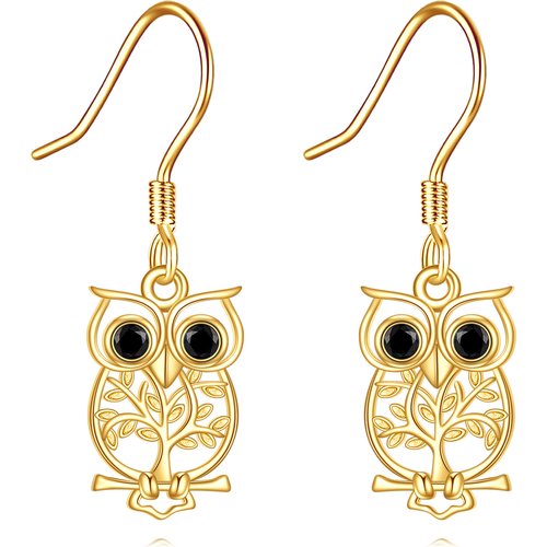 14K Gold Cubic Zirconia Owl Drop Earrings