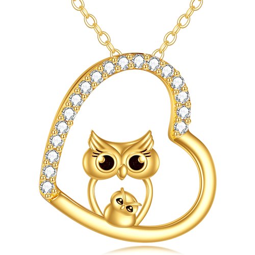 14K Gold Cubic Zirconia Owl & Heart Pendant Necklace