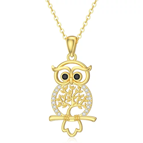 14K Gold Cubic Zirconia Owl on Tree Of Life Pendant Necklace