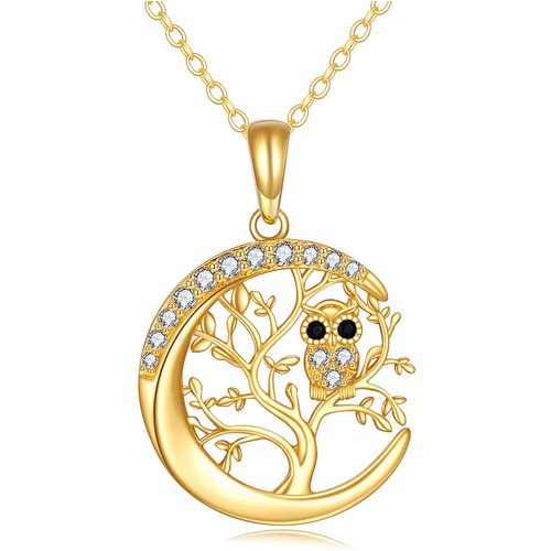 14K Gold Cubic Zirconia Owl & Tree Of Life With Moon Pendant Necklace For Women