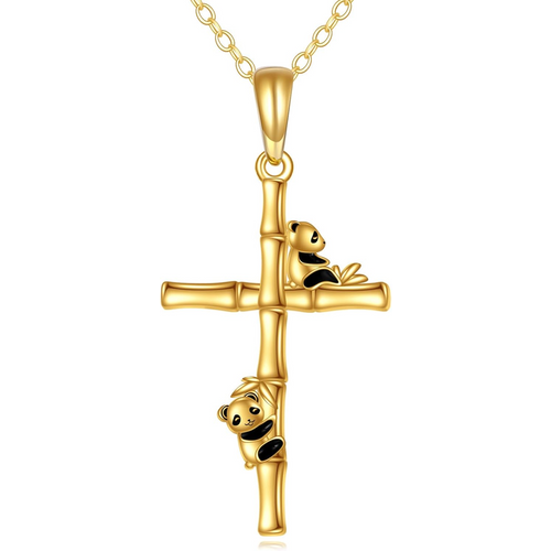 14K Gold Panda & Bamboo & Cross Pendant Necklace