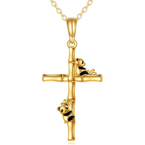 14K Gold Panda & Cross Pendant Necklace