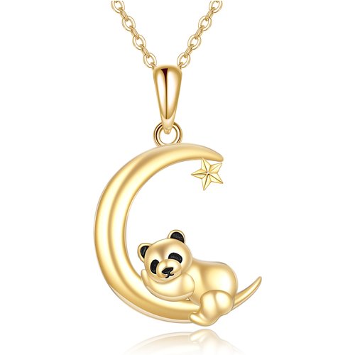 14K Gold Panda & Moon Pendant Necklace