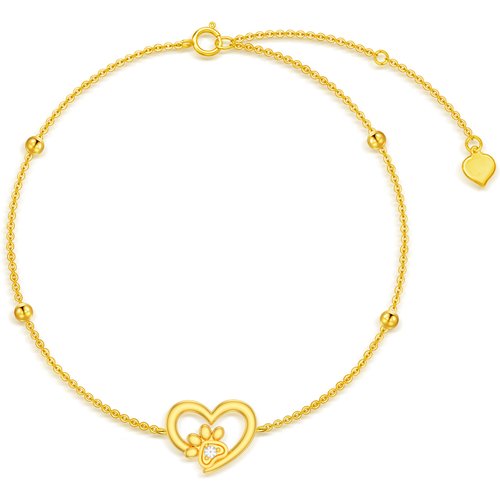 14K Gold Paw With Circular Cubic Zirconia Heart Charm Bracelet