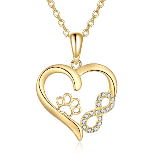 14K Gold Cubic Zirconia Paw & Heart & Infinity Symbol Pendant Necklace