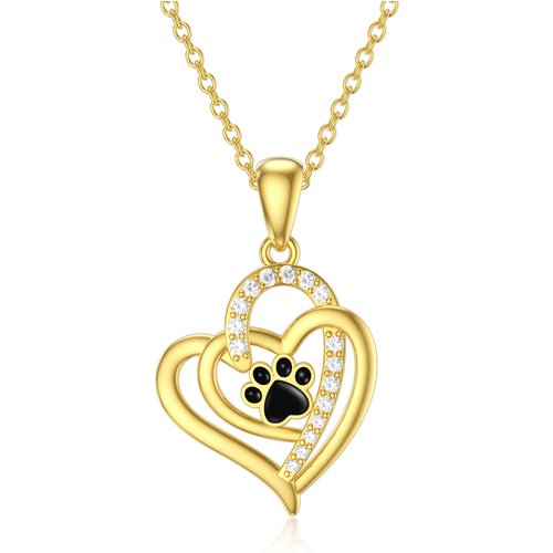14K Gold Cubic Zirconia Paw & Heart With Heart Necklace for Women