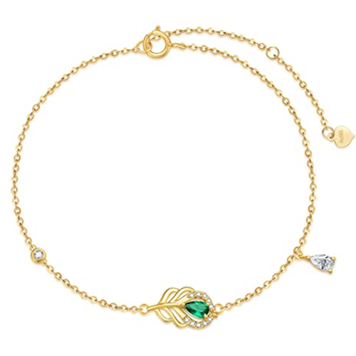 14K Gold Cubic Zirconia Peacock & Feather Bracelet for Women