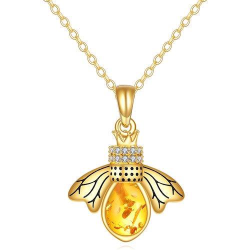 14K Gold Pear Amber Bee & Crown Pendant Necklace