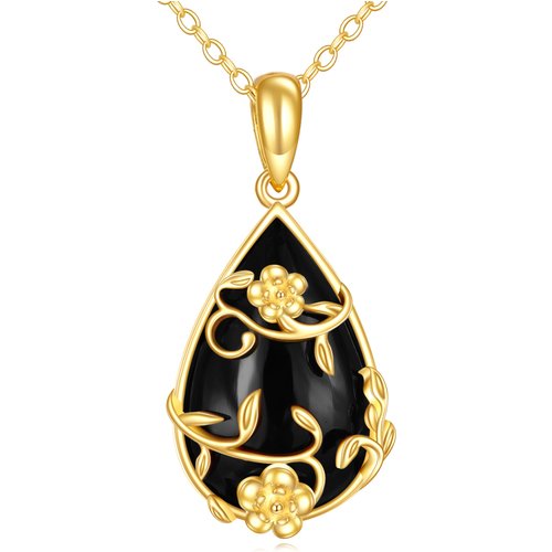 14K Gold Pear Black Onyx Drop Pendant Necklace