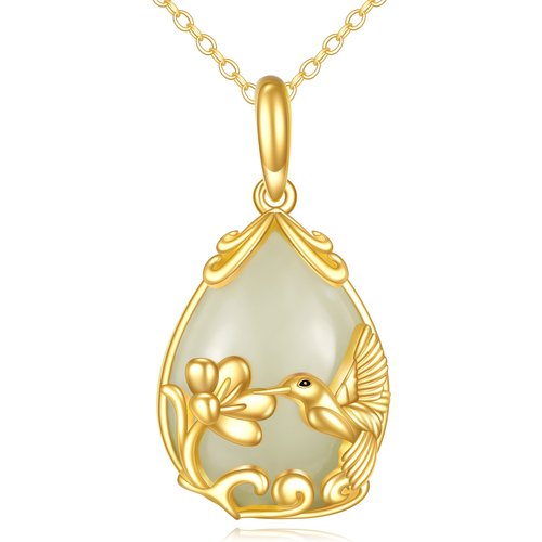 14K Gold Pear Chalcedony Hummingbird Drop Shape Pendant Necklace