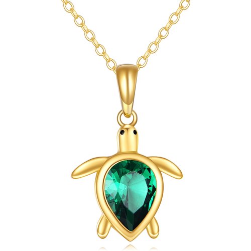 14K Gold Pear Cubic Zirconia Sea Turtle Pendant Necklace