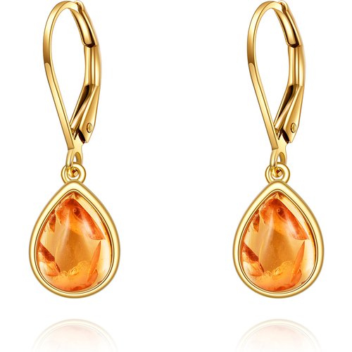 14K Gold Pear Shaped Amber Drop Shape Lever-back Earrings