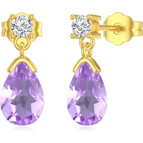 14K Gold Pear Amethyst Drop Earrings For Women