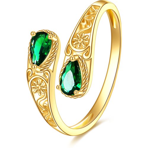 14K Gold Pear Shaped Emerald Flower Open Ring