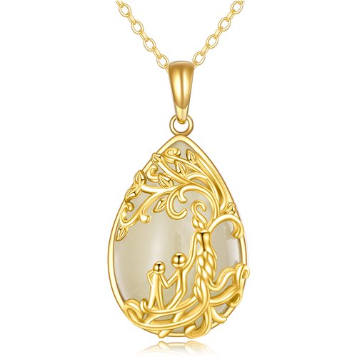 14K Gold Pear Shaped Jade Tree Of Life & Mother Pendant Necklace