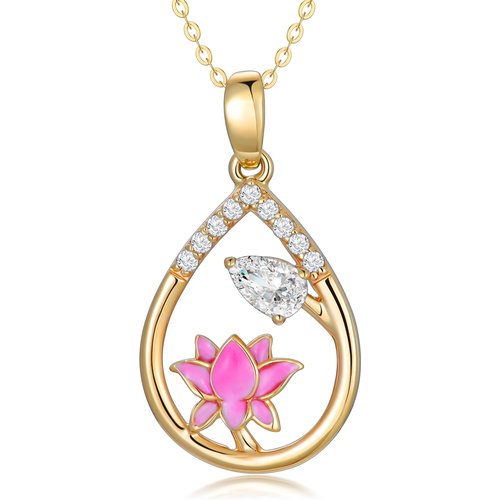 14K Gold Pear Shaped Cubic Zirconia Lotus Pendant Necklace