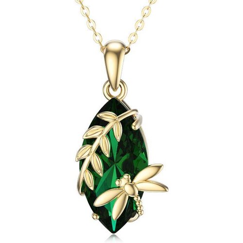 14K Gold Pear Shaped Moissanite Dragonfly & Leaves Pendant Necklace