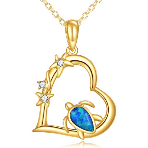 14K Yellow Gold Pear Cubic Zirconia With Opal Sea Turtle Heart Pendant Necklace For Women