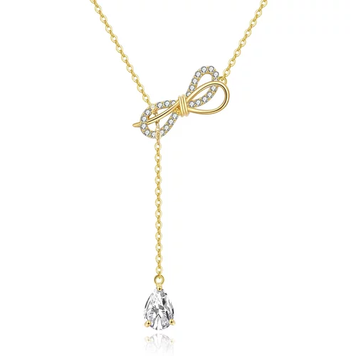 14K Gold Pear Shaped Zircon Bow & Drop Shape Adjustable Y Necklace