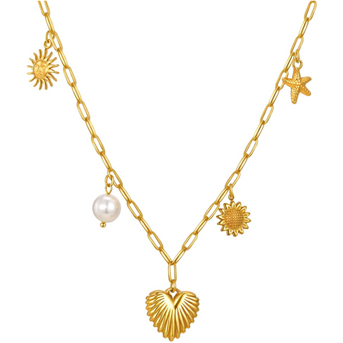 Sterling Silver with Yellow Gold Plated Pearl Angel Wing Heart Star & Sun Pendant Necklace