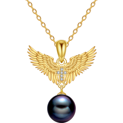 14K Gold Pearl Angel Wing Pendant Necklace for Women