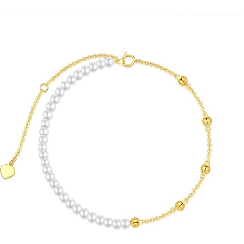 14K Gold Pearl Bead Bead Station Chain Bracelet For Women