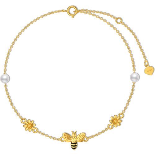 Sterling Silver with Yellow Gold Plated Pearl Bee & Daisy Charm Bracelet