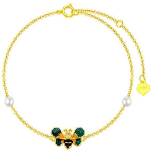 14K Gold Pearl Bees Charm Bracelet