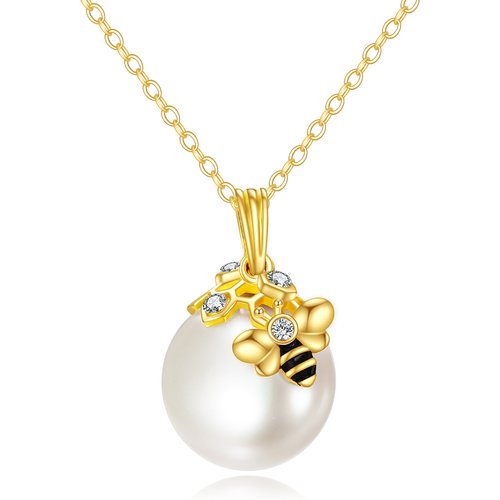 14K Gold Pearl Bees Pendant Necklace