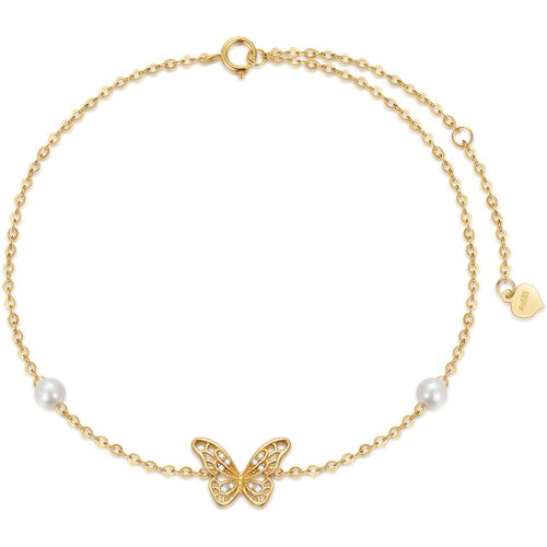 Sterling Silver with Yellow Gold Plated Pearl Butterfly Single Layer Charm Anklet