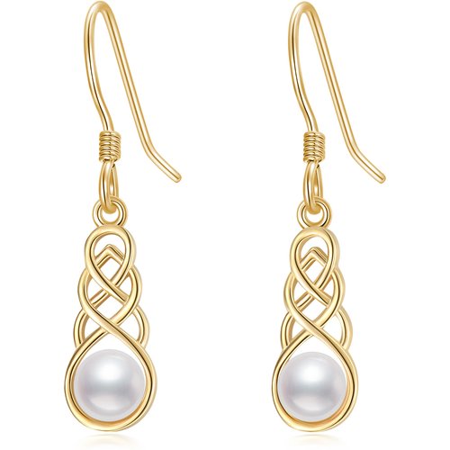 14K Gold Pearl Celtic Dangle Drop Earrings Jewelry Gifts for Women
