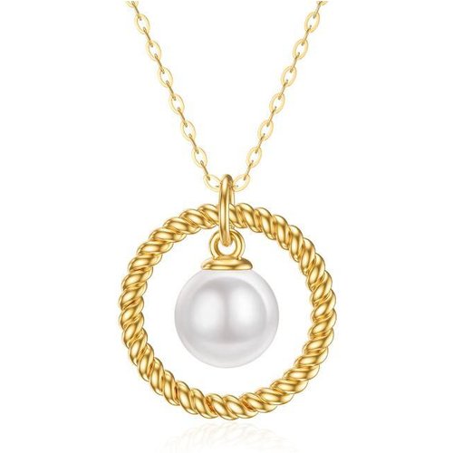 14K Gold Circle Pearl Pendant Necklace For Women
