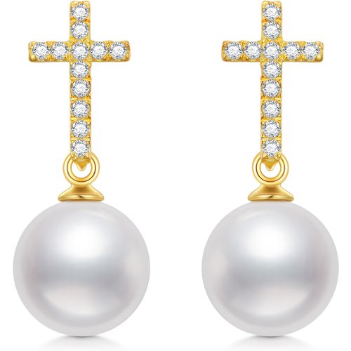 14K Gold Pearl Cross Drop Earrings