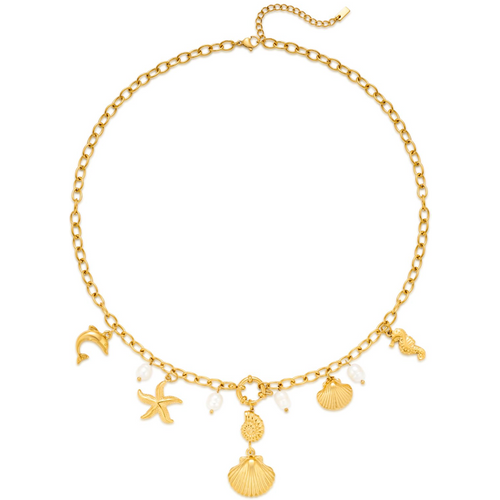 Sterling Silver with Yellow Gold Plated Pearl Dolphin Seahorse Starfish Shell Pendant Necklace