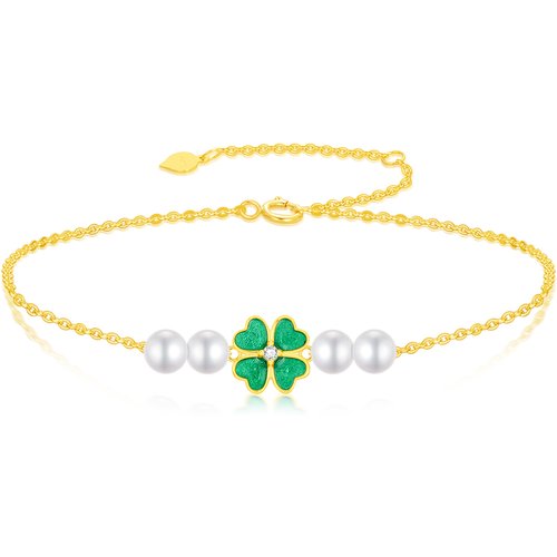 14K Gold Pearl Four Leaf Clover Charm Bracelet