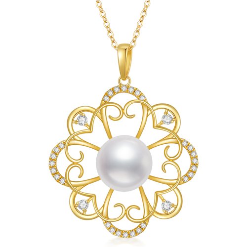 14K Gold Pearl Four-leaf Clover Pendant Necklace